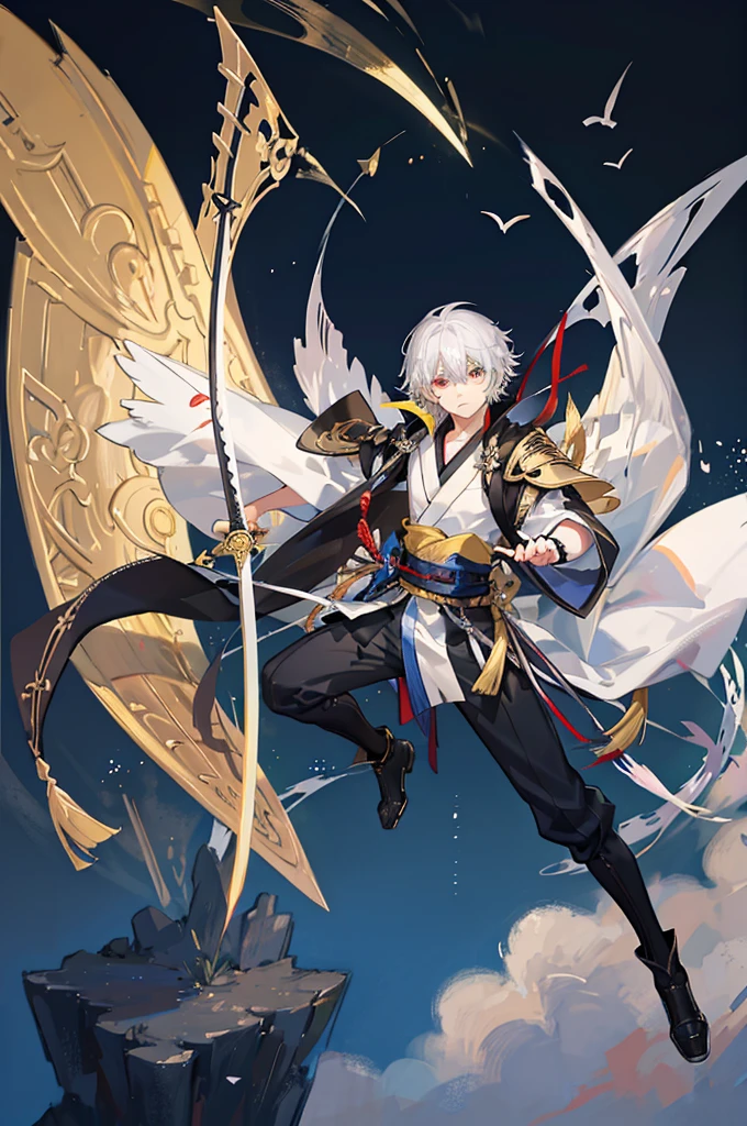 A boy of about 7 years old with black hair and yellow heterochromia is floating in the air. Light is emitting from his eyes. A boy of about 7 years old with silver hair and a blue kimono is drawing his sword and slashing at the boy floating in the air. Epic Battle Scene
