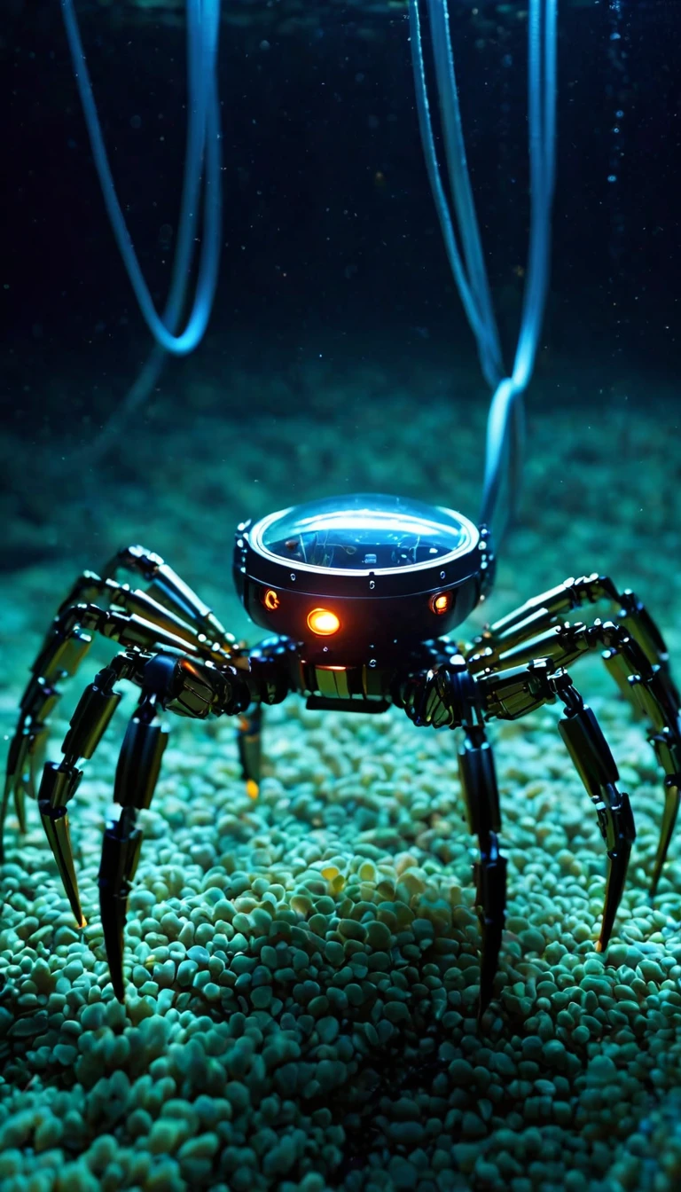 Being at the bottom of the ocean Translucent movie stills (Cybernetic robot crab 1.5), (Glowing Veins:1.3) (The cable enters the body, circuit:1.3), Very detailed, Vignette, Very detailed, High budget, Bokeh, Sulky, amazing, nice, Film Grain, granular