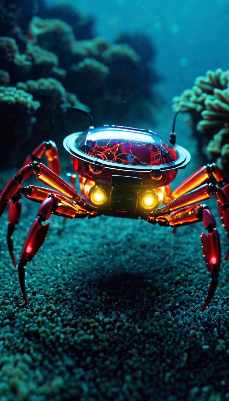 Being at the bottom of the ocean　　　　　　　　　　　　　　　　　　　　　　　　　　　　　　　　　　　　　　　　　　　　　　　　　　　　　　　　　　　　　　　　　　　　　　　　　　　　　　　　　　　　　Translucent movie stills (Cybernetic robot crab 1.5), (Glowing Veins:1.3) (The cable enters the body, circuit:1.3), Very detailed, Vignette, Very detailed, High budget, Bokeh, Sulky, amazing, nice, Film Grain, granular