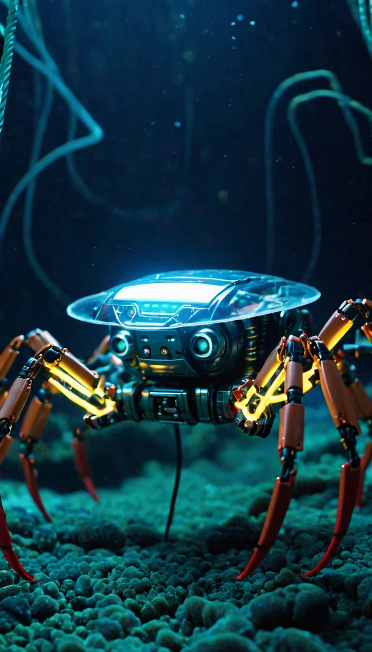 Being at the bottom of the ocean Translucent movie stills (Cybernetic robot crab 1.5), (Glowing Veins:1.3) (The cable enters the body, circuit:1.3), Very detailed, Vignette, Very detailed, High budget, Bokeh, Sulky, amazing, nice, Film Grain, granular