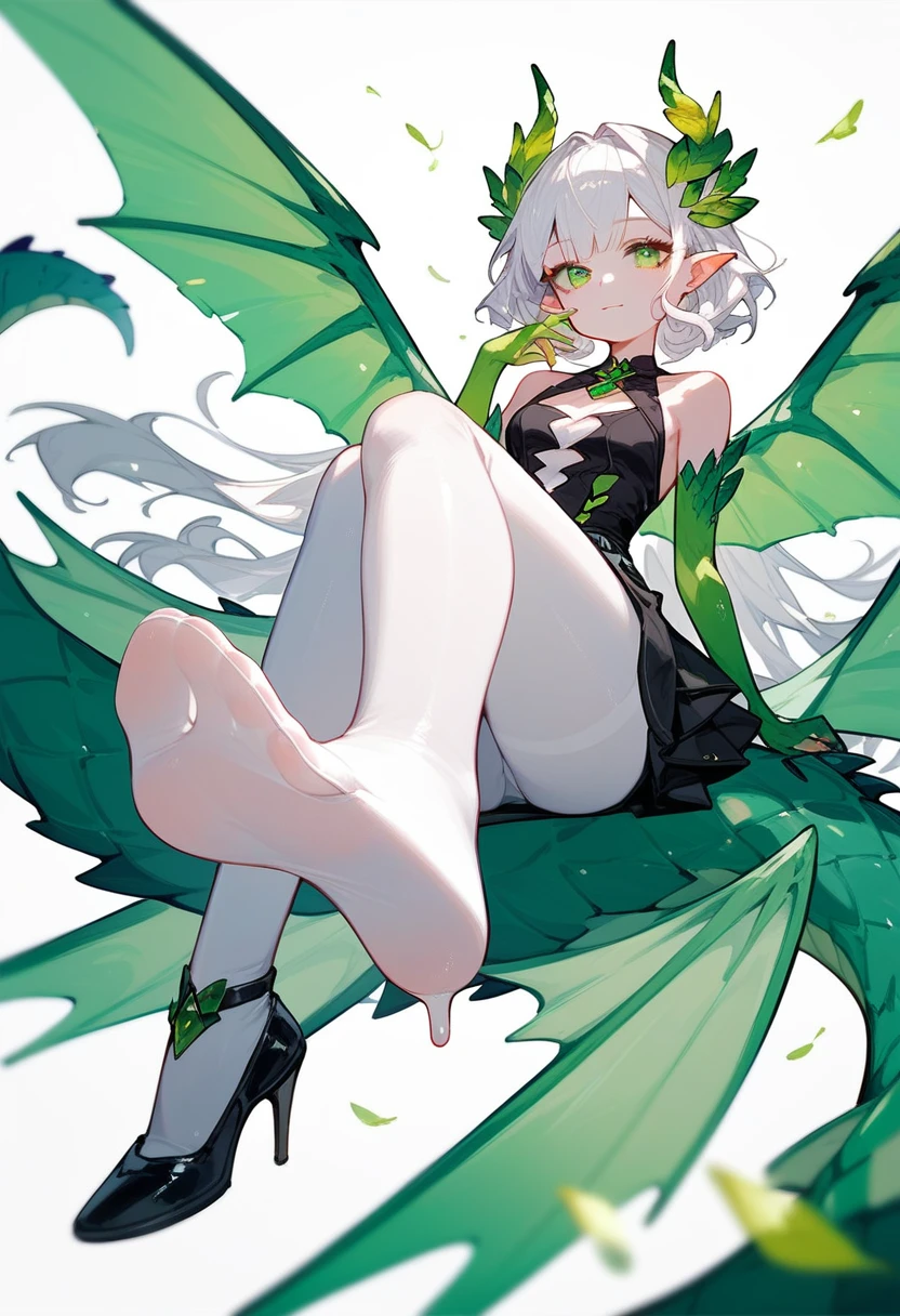 (Fraction_9,Fraction_8_Direction_7_up),1 Girl,Dragon Lady,White hair,Green Eyes,White Wings,Black skirt,beautiful_Face,White tights,Foot Focus,High heel,White liquid in the shoe