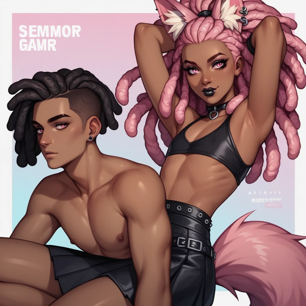 Best quality, highly detailed, ultra detailed, 1 brown skin boy, flat chest, male chest, slim curvy body, long pink dreadlocks, pink dreadlocks, pink eyes, kitsune, fox ears, fox tail, sharp nails, black lipgloss, goth, wearing black croptop, black skirt, gamer background scene ,