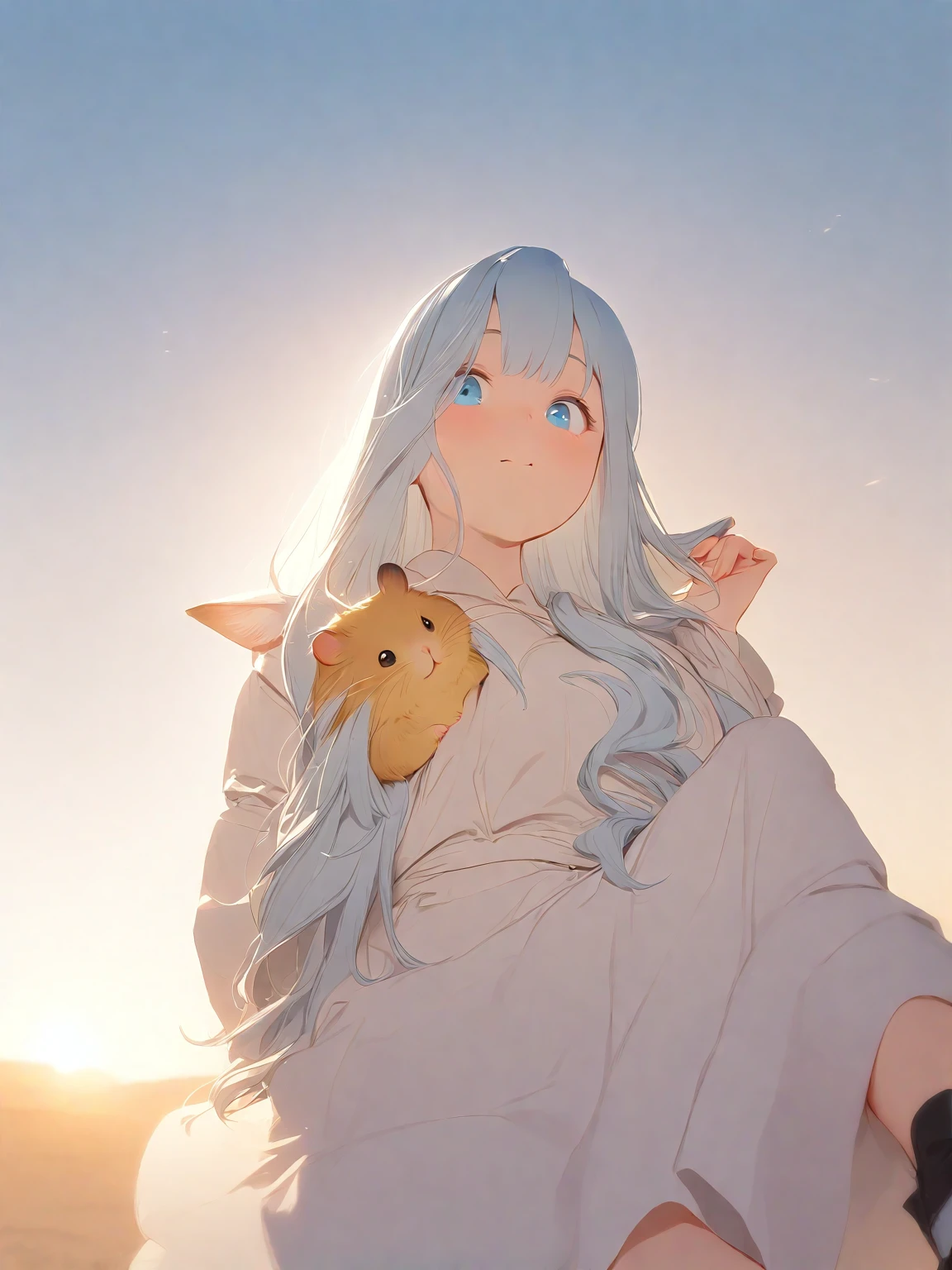 A girl,Wearing a white skirt,Silver long hair,blue eyes,Holding a cute little hamster in my hand,HD,