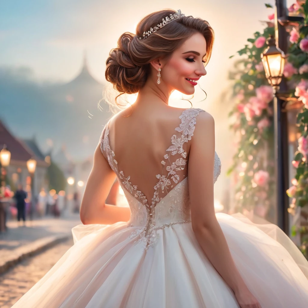 (Best Quality, High Definition, Masterpiece:1.2,), illustration, evening, 1 girl, whole body, (wedding dress), arm behind the back, waiting for a kiss, looking at the viewer, happy, blush,