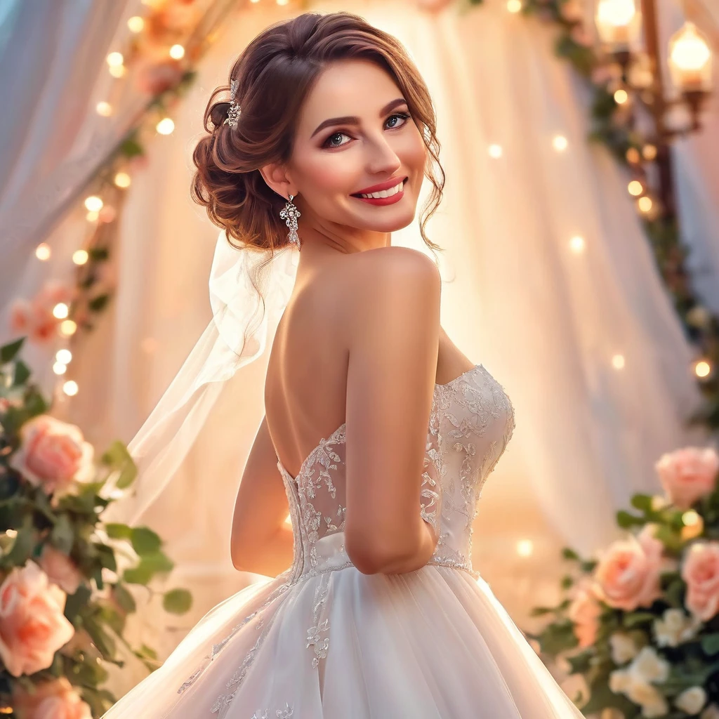 (Best Quality, High Definition, Masterpiece:1.2,), illustration, evening, 1 girl, whole body, (wedding dress), arm behind the back, waiting for a kiss, looking at the viewer, happy, blush,