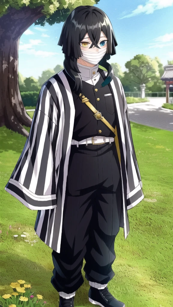 1boy, snake, heterochromia, black hair, male focus, snake, tree, yellow eyes, outdoors, blue eyes, japanese clothes, black pants, hair between eyes, wide sleeves, long sleeves, sky,  demon slayer uniform, striped jacket,  bangs, iguro obanai,  upper body, red eyes, cloudy sky,  long hair, anime screencap, anime coloring, standing, full body, 