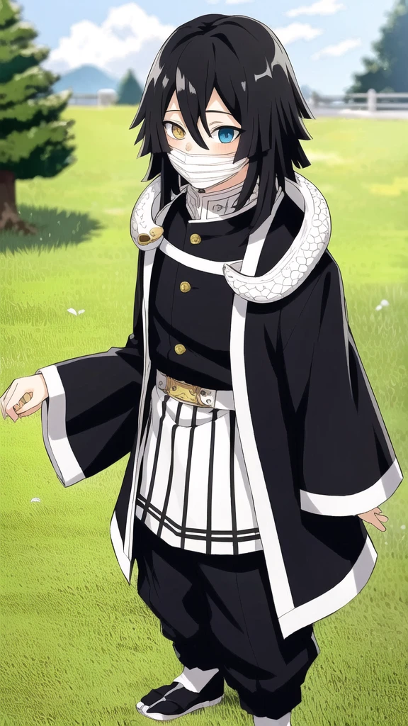 1boy, snake, heterochromia, black hair, male focus, snake, tree, yellow eyes, outdoors, blue eyes, japanese clothes, black pants, hair between eyes, wide sleeves, long sleeves, sky,  demon slayer uniform, striped jacket,  bangs, iguro obanai,  upper body, red eyes, cloudy sky,  long hair, anime screencap, anime coloring, standing, full body, 