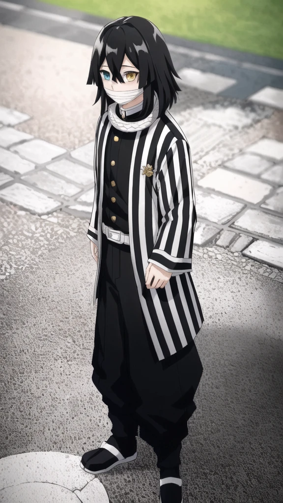 1boy, snake, heterochromia, black hair, male focus, snake, tree, yellow eyes, outdoors, blue eyes, japanese clothes, black pants, hair between eyes, wide sleeves, long sleeves, sky, demon slayer uniform, striped jacket, bangs, iguro obanai, upper body, red eyes, cloudy sky, long hair, anime screencap, anime coloring, standing, full body,
