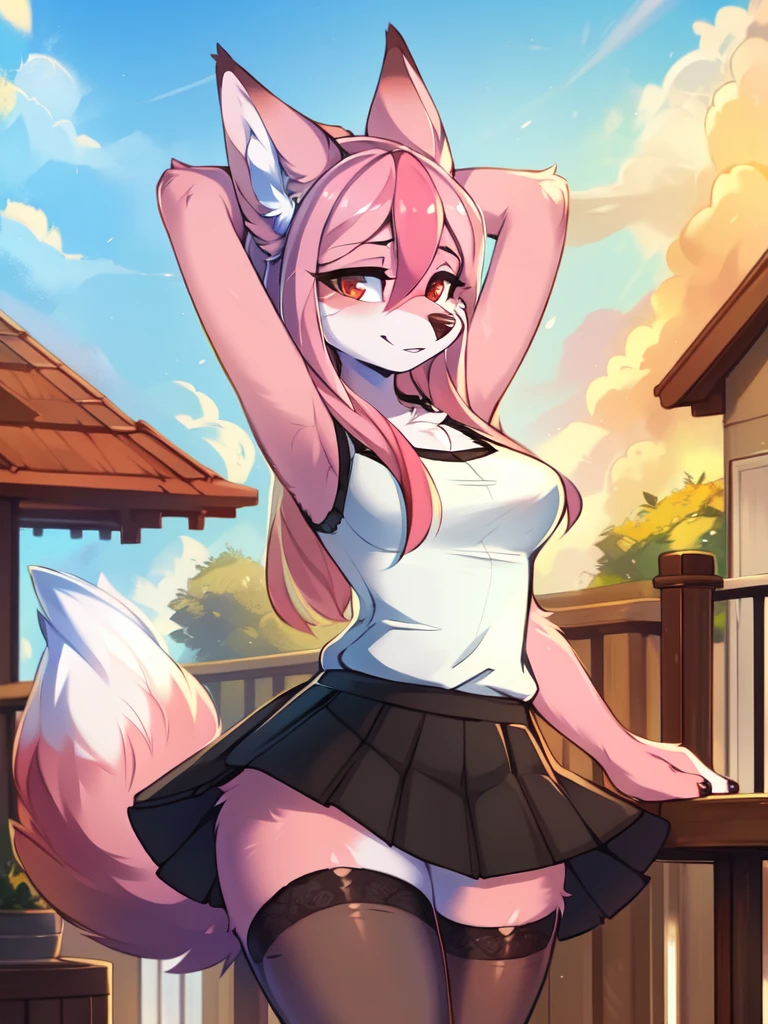 from Kenketa, Ross Tran, Ruan Jia, mumps, Foxovh, от zackary911, от Hyattlen, on a terrace, by Fumiko, от Pixelsketcher, by Bayard Wu, Thomas Benjamin Kennington, from Einshelm, from Kilina, by Coffeesoda, from Hyoshiru, from down-kevlar, от r-mk, by Dimwitdog, fluffy, Nazuna_hiwatasi, antro, Female, One, standing, mocking look, (half-closed eyes), pink hair, pink tail, (white for girls, blues skirt, high stockings), (Red eyes), I look at the viewer, (enormes breasts, hips), (Fox), (hands above head), (pink body, two-tone fur)