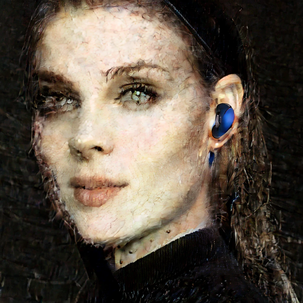 Wearing a black turtleneck sweater、Arav woman wearing blue headphones, Earplugs jewelry, With blue lights, Earplugs, With headphones, floating headsets, Jaw-dropping beauty, bling Earplugs, technology, sleek waterproof design, Oblique view, Stunning beauty, Integrate with the Northern Lights, byGabriel Ba, Next Generation, Shiny AirPods, Shining highlights