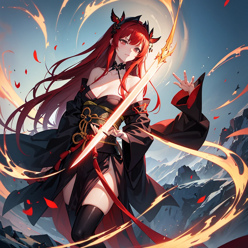 ((((Grasp the sword　1 person))))　(((Redhead　Long Hair　Black kimono　red band　Goddess of victory)))　((Red butterfly　night　Japanese style　shoulder　old))　(moon　star　autumn)　Shining Edge　Shining Background