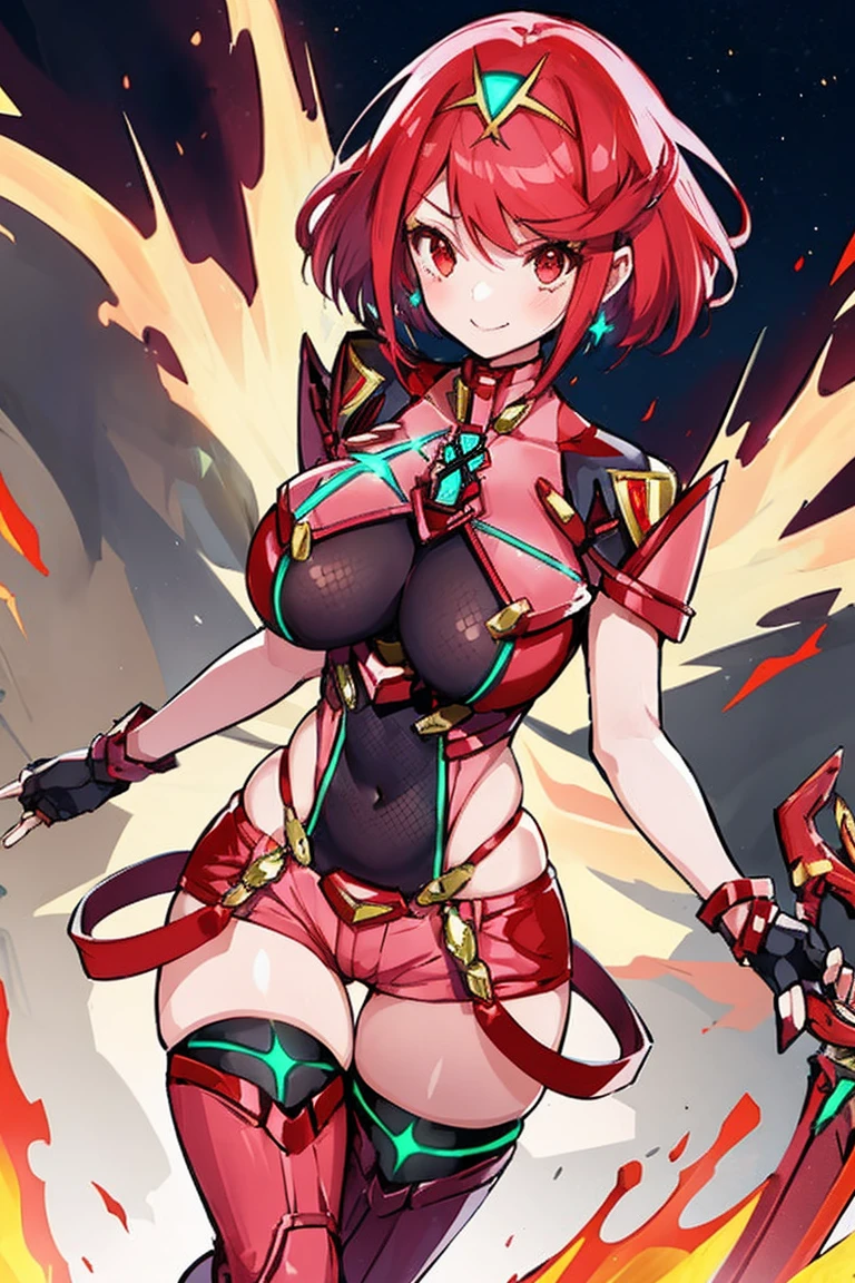 pyra \(xenoblade\), young__1girl, armor, bangs, black gloves, breasts, red eyes, closed mouth, earrings, eyelashes, fingerless gloves, floating hair, framed breasts, gem, gloves, hair ornament, headpiece, jewelry, big_breasts, leaning back, leotard, neon trim, official art, pose, red hair, red shorts, saitou masatsugu, short hair, short shorts, short sleeves, shorts, sidelocks, skin tight, solo, standing, swept bangs, thighhighs, tiara, night_prairie_background, turtleneck, underbust, vambraces, xenoblade chronicles \(series\), (xenoblade chronicles 2), apart_legs, fire_effect,dynamic_pose_fighting,light_smile, (plump:1.1), big_ass,huge_sword, hold_large_sword_hilt, solo, covered_nipples, covered_pussy,