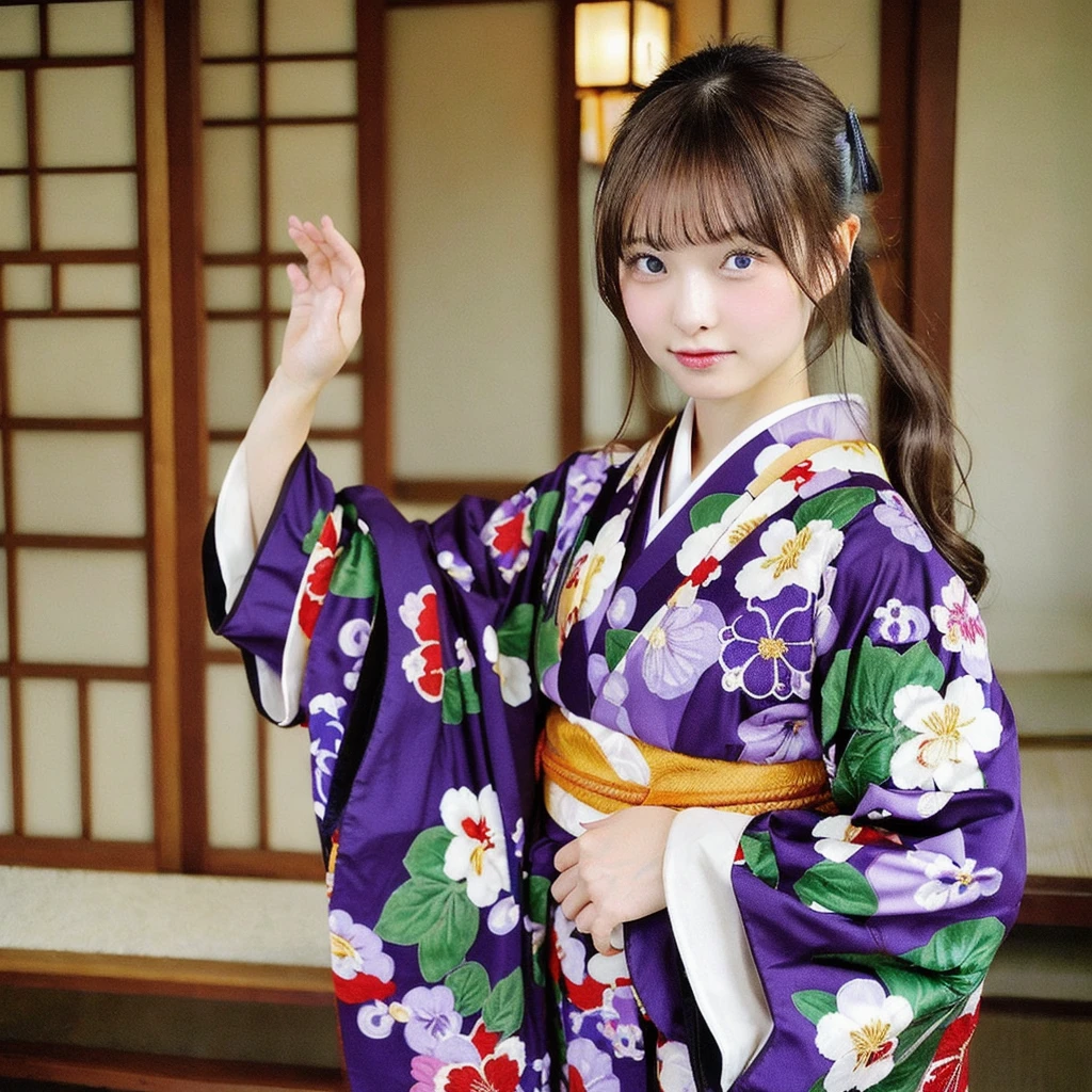 Inside the apartment、Japanese kimono with floral embroidery on deep purple fabric、Light brown hair、{Medium-long hair}、1 girl, Realistic Young Gravure Idol, Young Sensual Gravure Idol, Young and cute gravure idol, Japanese Model, Nara Yoshitomo, Young Gravure Idol, Real fleshy gravure idol, A sophisticated gravure idol,  Japanese Goddess, Beautiful Asian Girl, 8K, Average Japan, Average Japan