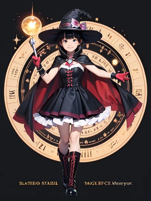(masterpiece, Highest quality:1.1), (astrologer), 1 Girl, alone, witch hat, gloves, dress, Black Costume、(Long skirt)、Frills, boots, Cape, witch, Blunt bangs, Black Hair, Crystal Ball, magic circle, Shining Star, meteor, universe, magical energy, Vision of the future, Prophecy,