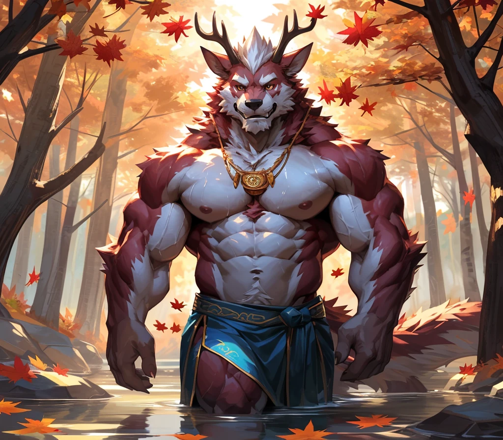 ((best quality)), ((masterpiece)), (ultra detailed), perfect face,antro baize:2.5, male , ((deep-crimson fur)), (strong beefy muscular body), ((abs, strongmuscles, 8 pack)), furry, handsome,Beautiful and delicate eyes, (ultra detailed eyes, (yellow):0.1 eyes, sharp eyes), detailed scene,full body, reflection, shirtless, red cimson hair, topless, pink nipples, (by null-ghost,by traver009,by lindong,by pino daeni), (full body), wearing random pattern necklace, claws, ((fluffy fur, fluffy, furry body)), (qilin, a pair of antler), majestic, wind blowing, ((white belly), ((1 long tail)), big fellow, muscular male, (traditional chinese attire, (blue Hanfu)), fluffy chest hair, handsome,(Great physique),Delicate canine teeth, hairy, male,bathing, anime, by the waterfall, full body view, sweating:1.8, ((Autumn falling leaves:1.3)), walking through autumn forest, fall foliage, serene atmosphere, sunlight streaming through trees, cascading leaves, rustling of leaves, layered shades of orange and gold, tall swaying trees, sunlit path, autumnal palette, tranquil ambience,nature immersion