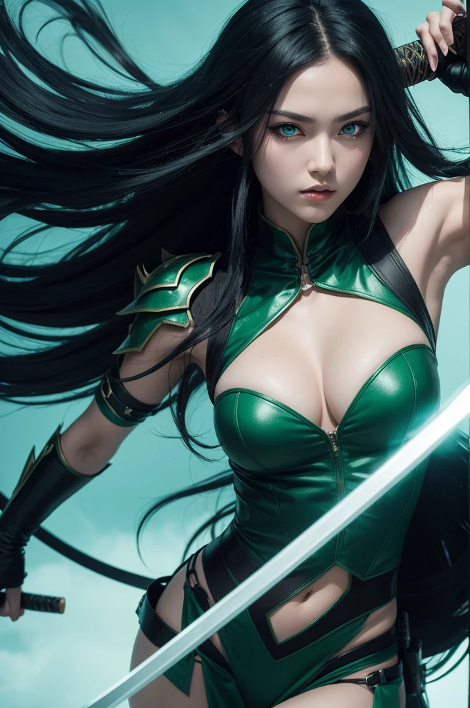 A female Demon slayr character with long loose black hair.In green attire, blue eyes with a wind-breathing katana.