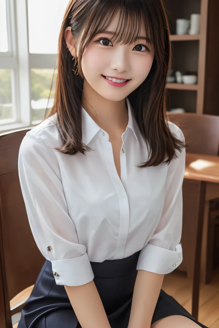 Highest quality, (beautiful)、White Business Shirt、Black tight skirt、Close-up、Soft 、smile、Chair sit