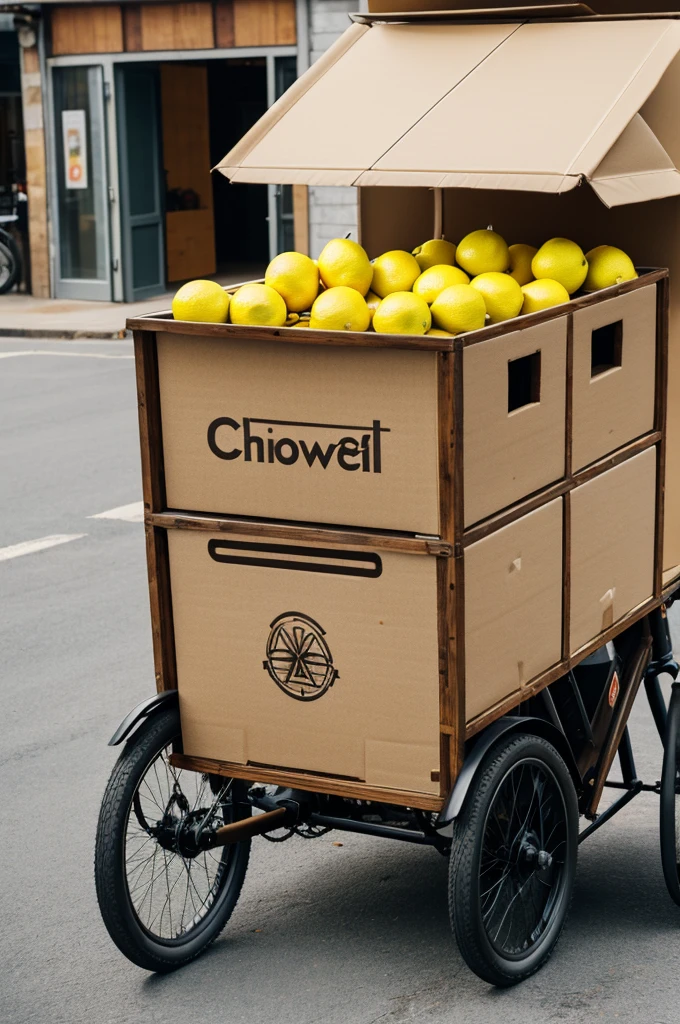 Logo of a cargo type tricycle where the box is a glass with a lid and straw and the tires are slices of lemon