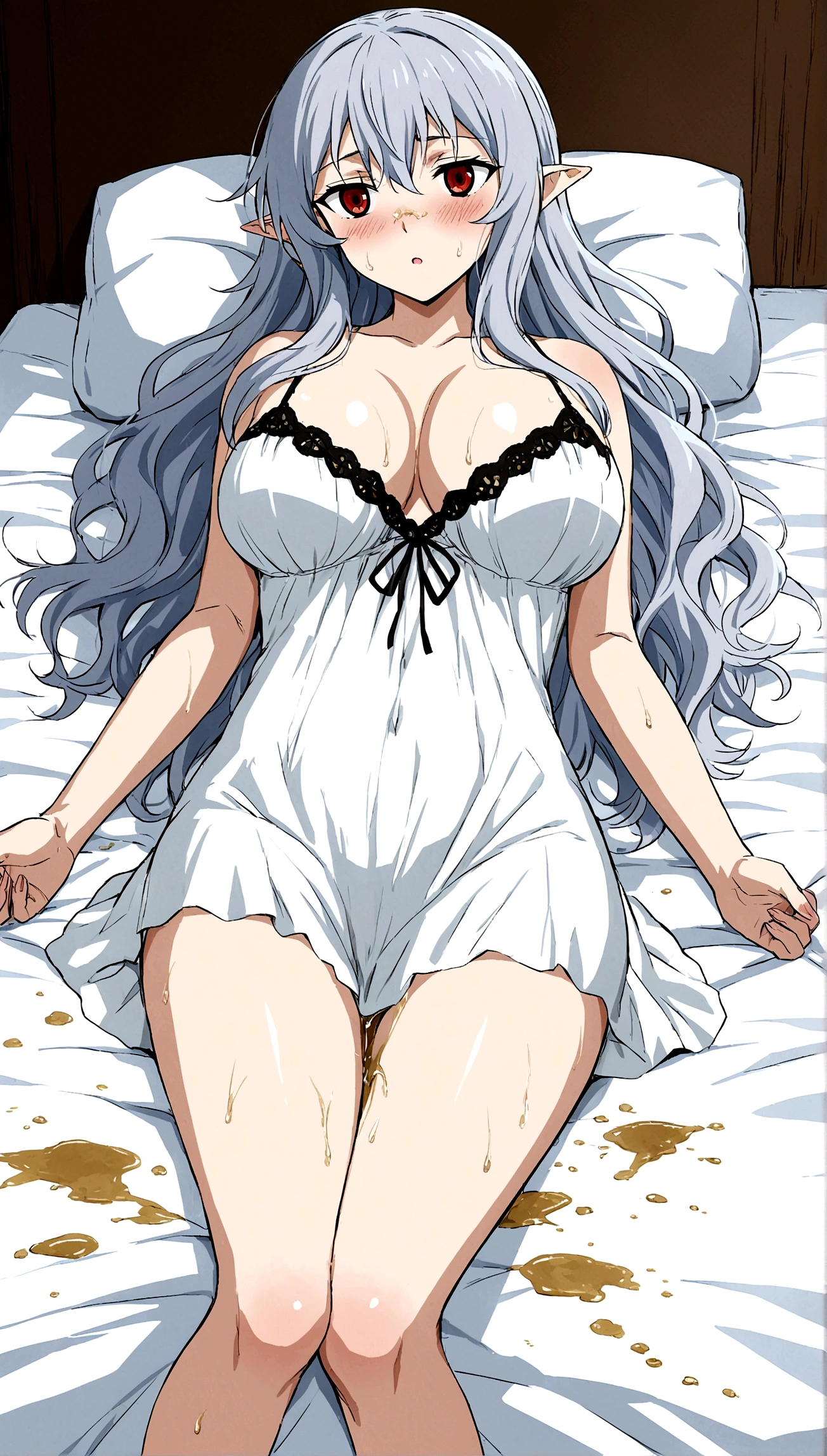 Anime. Owari no Seraph. 1 Girl. Expensive . A vampire. Clumsy mother. Silver hair. Wavy hair. Long hair. Red eyes. Beautiful eyes. Perfect eyes. Expressive eyes. Ideal face. Perfect body. Beautiful long ones. legs. Beautiful nose. 18 years. Big breasts. Lying in bed. Bedroom. Full height. Beautiful character design. Shiny skin. Pointy ears. Nightgown. She has bedwetting. She sleeps in the fetal position. She peed herself in her sleep. A puddle of urine on the sheet. The bottom of my nightgown was wet from urine. A castle in vampire territory. Whole body. NSF. Official art. Extremely detailed CG Unity 8k wallpaper. Ideal lighting. Ultra high resolution 4K. Super detailed 8K. A high resolution.