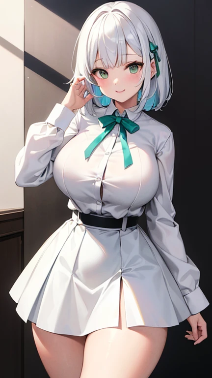 (masterpiece, Highest quality) One girl, Slightly larger breasts, A little big butt, Thick thighs, Wide Hips, Perfect proportions, Asymmetrical hairstyles. White and multi-colored hair, Amber Eyes, White Skirt, Green Skirt, Plain white button-up shirt with white ribbon , Absurd, High resolution, Super sharp, 8K, masterpiece, smile