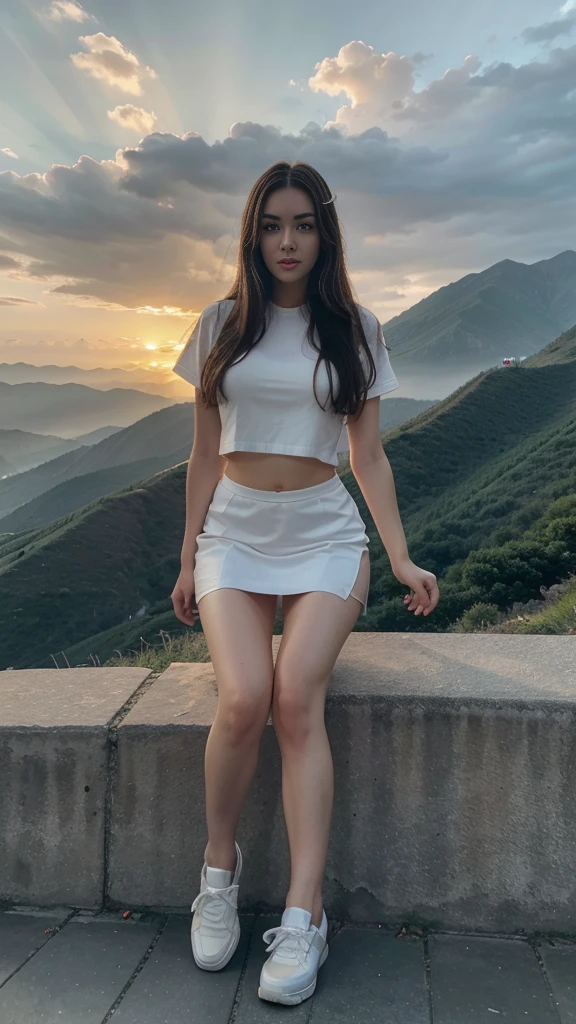At sunset,Spectacular clouds,t-shirt, Off-road jacket, , (Reality:1.3), (best quality:1.0), (Ultra-high resolution:1.0), 8k, RAW photos, (masterpiece,best quality), 1 Girl, Delicate skin, Detailed eyes, (Long hair:1.2), (Large Breasts:1.1), (Explorer costume:1.3), Long legs,Boots,Standing in the mountains