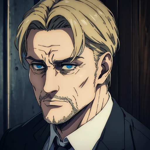 (best quality,4k,8k,highres,masterpiece:1.2),ultra-detailed,(realistic,photorealistic,photo-realistic:1.37),portraits,mappa art style, 45 old male character , dark blue hunter eyes, short unique blonde hair, black suit,distinguished look, he has a calm expression, sharp jawline, stubble beard ,some wrinkles on forehead and cheeks