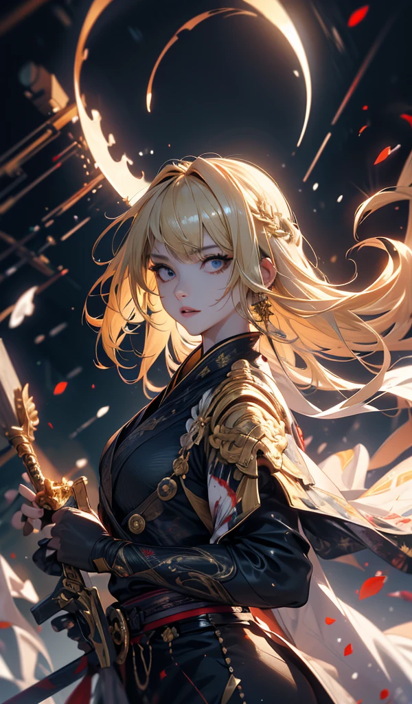 masterpiece, high quality, 4K, Beautiful design, silhouette,blonde, 非常に詳細な夜のStarry Sky,battlefield, wonderful, Finer details, Very knowledgeable woman, Highly detailed solo, 1 female,Big and aggressive,Blood splatter,murderer,Night view,Starry Sky,full moon,