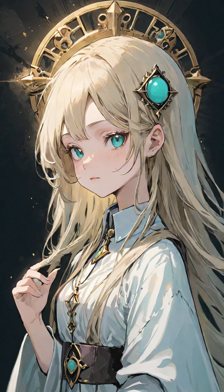 White shirt、Realistic textured skin、Ash Blonde、1 strand of hair、Side Tail、Turquoise Eyes、16 years old、Tarot Cards:1.37、Tarot Cardsを持っているドレスと帽子を着た女性のクローズアップ:1.37, Beautiful Celestial Magician, portrait of a Female Wizard, Female Wizard, Mechanized Witch's Little Wizard!, Female Wizard, dark witch character, magician magic witch, Black-haired wizard, Dark Sorceress Full View, Astral Witch Outfit, Dark magician full body pose、