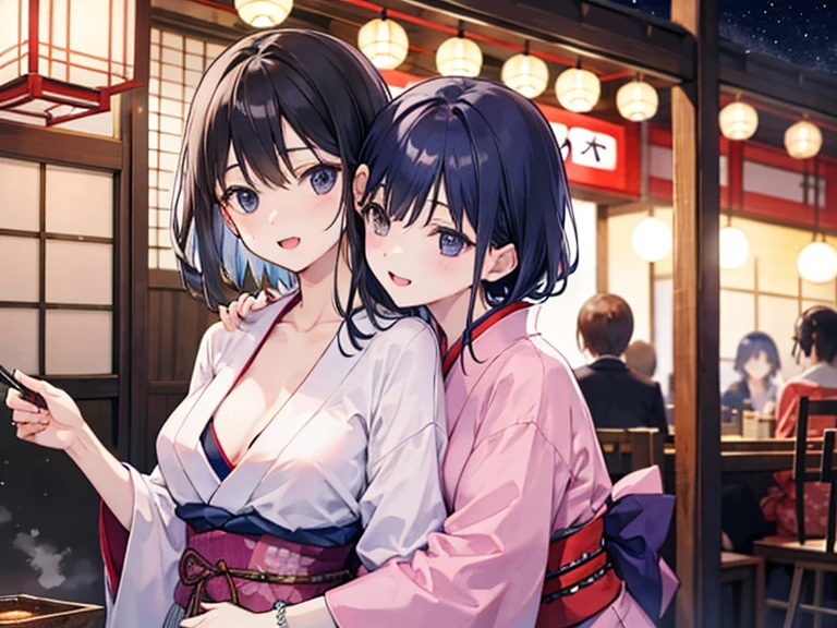 Two women hugging,Japanese clothing,Izakaya,Unbuttoned,I'm drunk,Midnight,Adult atmosphere,Change of clothes,Enchanted