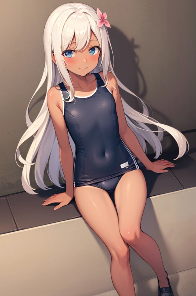 ((masterpiece,Highest quality)), Confused,
alone, 1 Girl,  Looking at the audience, smile, RO500, Long Hair, Hair Flowers, Sunburn, Seraphim, Dark Skin,School Swimsuit