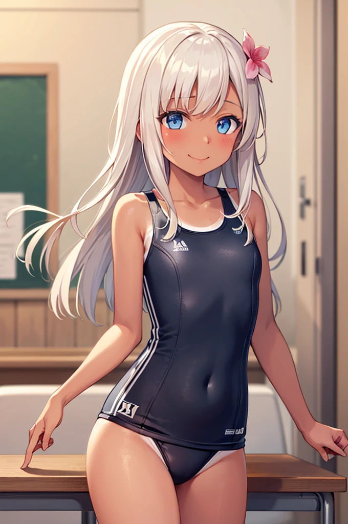 ((masterpiece,Highest quality)), Confused,
alone, 1 Girl,  Looking at the audience, smile, RO500, Long Hair, Hair Flowers, Sunburn, Seraphim, Dark Skin,School Swimsuit