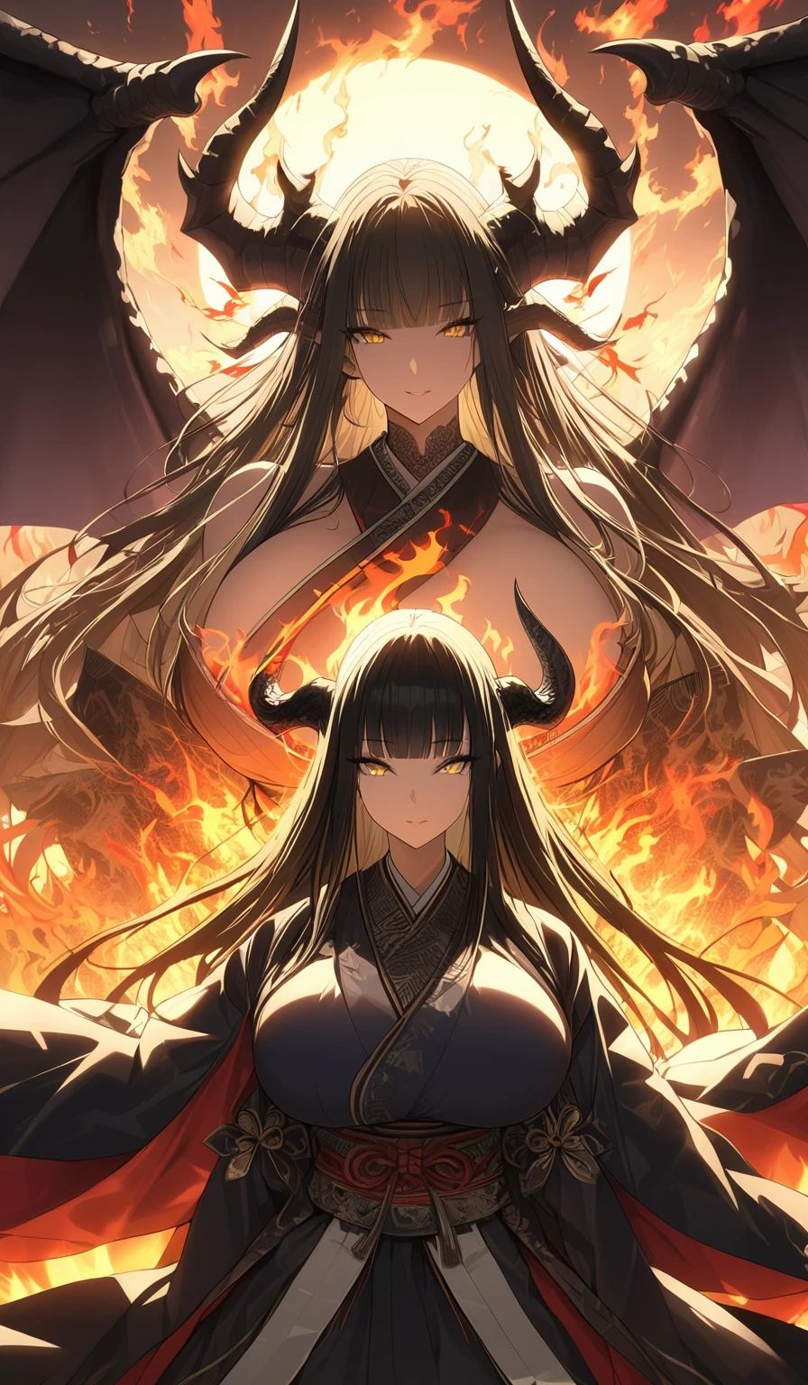 A masterpiece, very detailed, ultra detailed, one, (1 woman), a woman in Japanese closed traditional clothes of a feudal queen and with a traditional handmade fan, light golden eyes, long black straight hair and straight bangs, with huge breasts, she with black demonic horns and black dragon wings with shades of fire, against the background of the sun, fire and flame