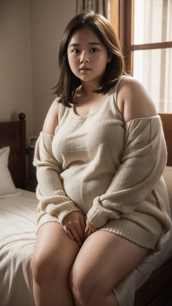 a 10 year old obese girl, chubby cheeks, round face, double chin, thick arms and legs, wearing a , standing in a bed, realistic, detailed, highly detailed, intricate details, photorealistic, 8k, masterpiece, cinematic lighting, dramatic shadows, vibrant colors