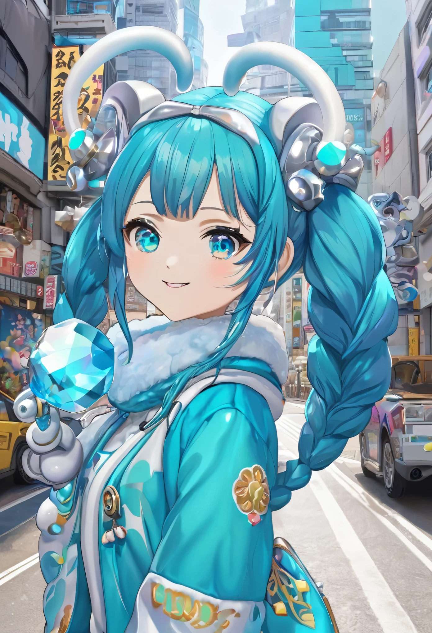 nijiローラhorn a pertty nijiboy with crystal - clear horns, Wearing turquoise skiwear, Twin tails, Big, beautiful, odd eyes, Big warm smile, On the streets of Cyberrun's desert city