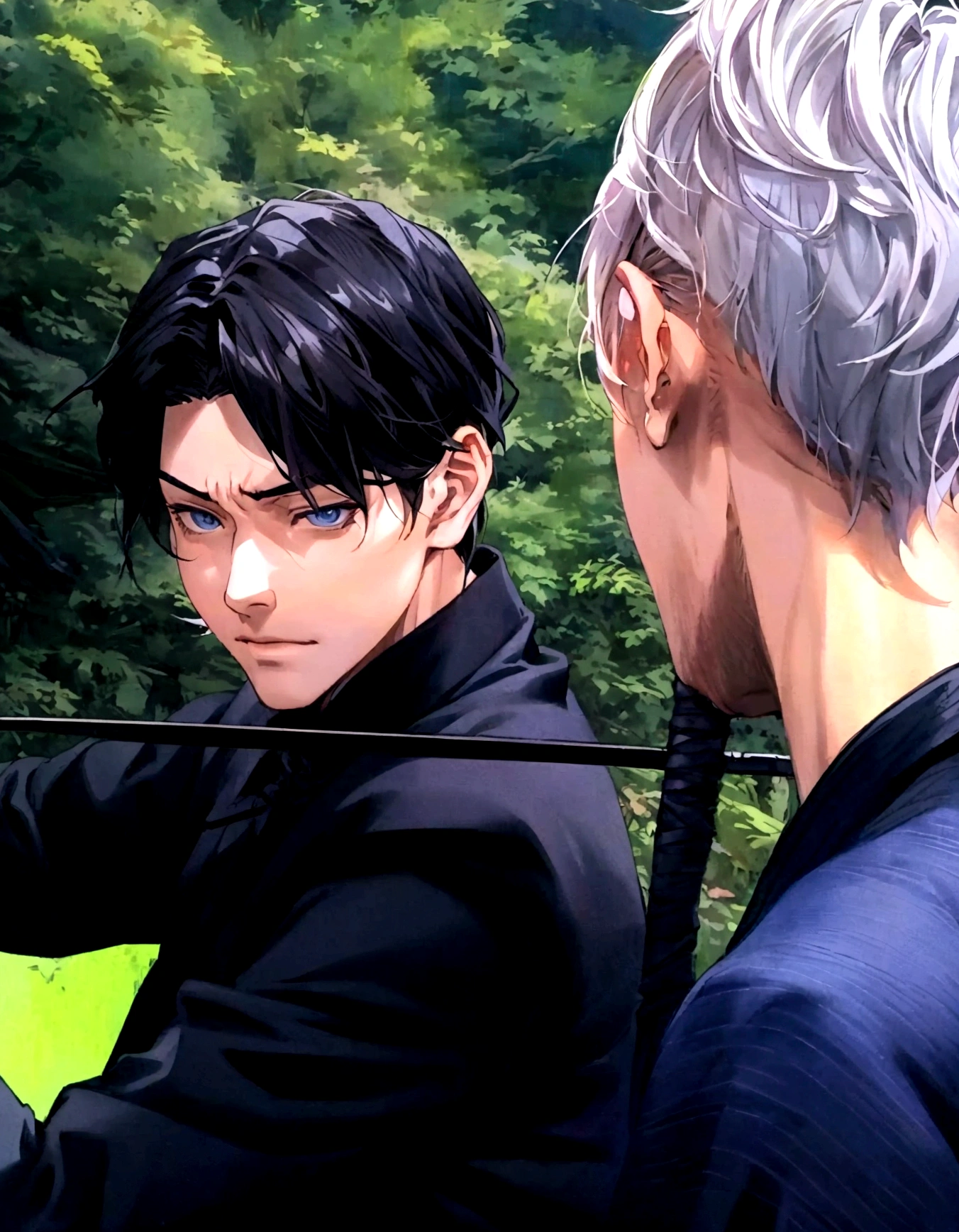 anime - style image of a man with a sword and a woman in a black shirt, non-style artwork by guweiz, made with anime painter studio, offcial art, anime realism style, sakimichan and frank franzzeta, realistic anime art style, handsome guy in demon slayer art, two handsome anime men, highly detailed exquisite fanart