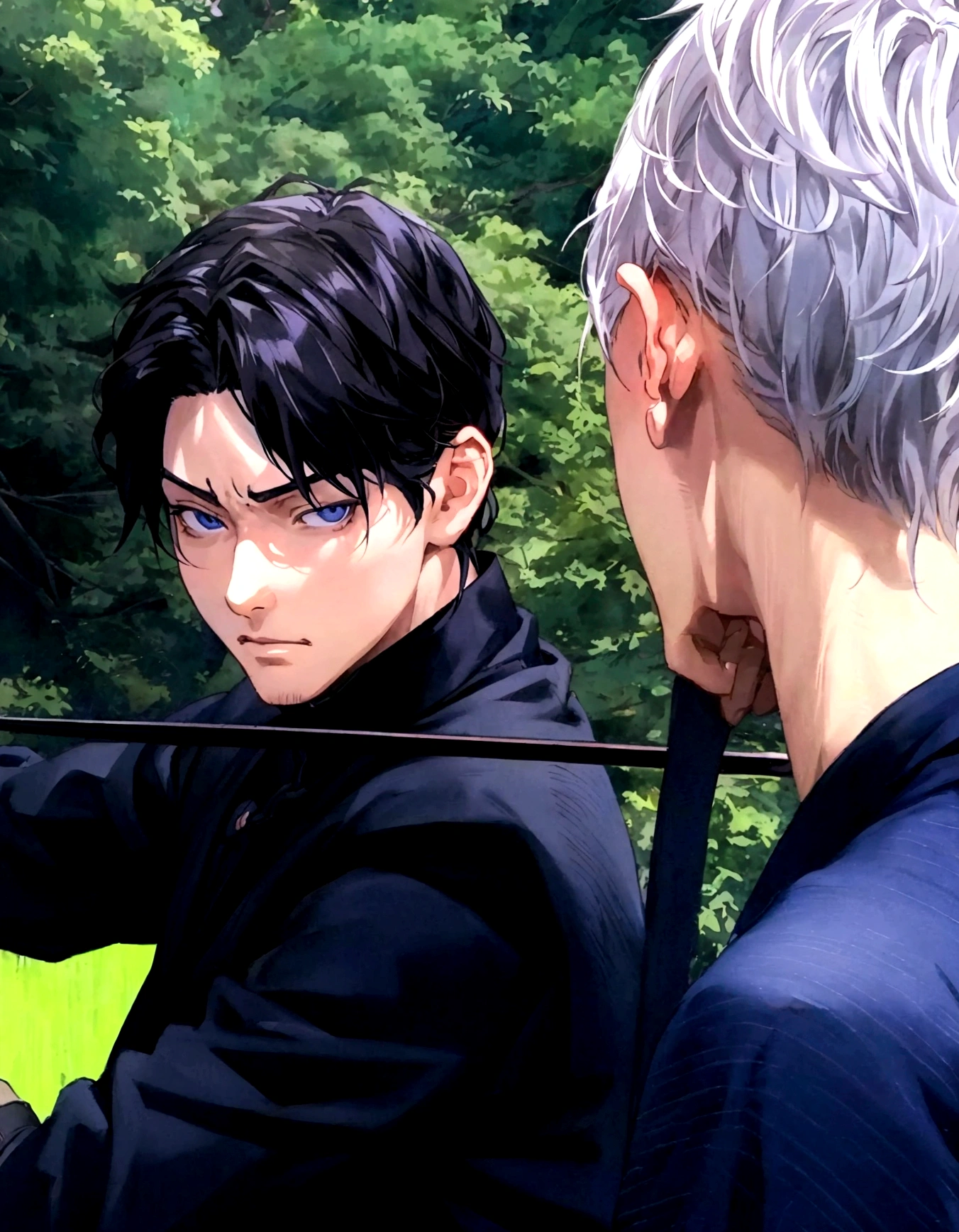 anime - style image of a man with a sword and a woman in a black shirt, non-style artwork by guweiz, made with anime painter studio, offcial art, anime realism style, sakimichan and frank franzzeta, realistic anime art style, handsome guy in demon slayer art, two handsome anime men, highly detailed exquisite fanart