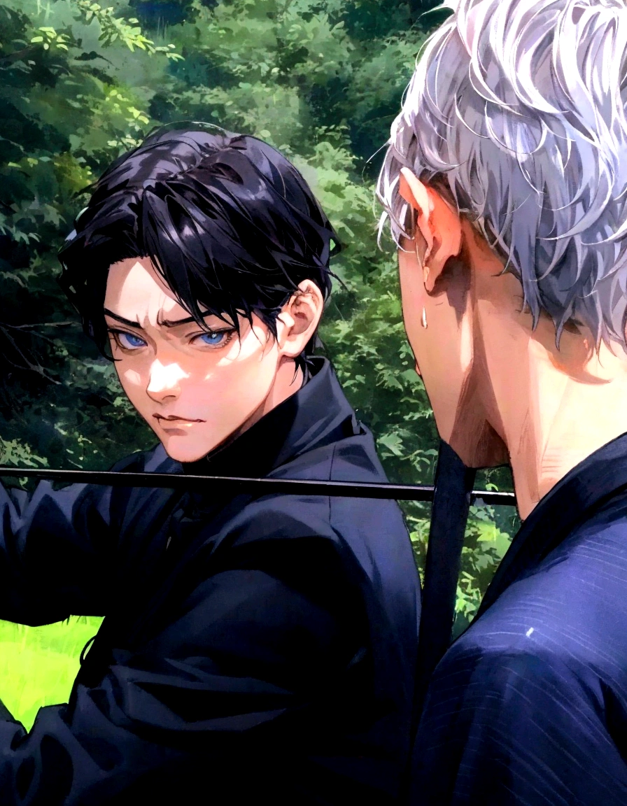 anime - style image of a man with a sword and a woman in a black shirt, non-style artwork by guweiz, made with anime painter studio, offcial art, anime realism style, sakimichan and frank franzzeta, realistic anime art style, handsome guy in demon slayer art, two handsome anime men, highly detailed exquisite fanart