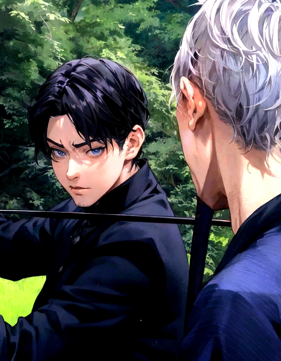 anime - style image of a man with a sword and a woman in a black shirt, non-style artwork by guweiz, made with anime painter studio, offcial art, anime realism style, sakimichan and frank franzzeta, realistic anime art style, handsome guy in demon slayer art, two handsome anime men, highly detailed exquisite fanart