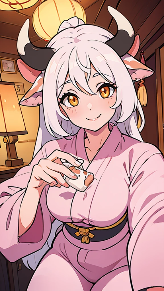 (masterpiece), best quality, expressive eyes, perfect face, long white Hair, orange eyes, milf , pink lips , milf face, cow pajamas ,cow ears , cow girl, 1girl,  smile, Japanese room , IncrsHeadGrabPOV,madure girl