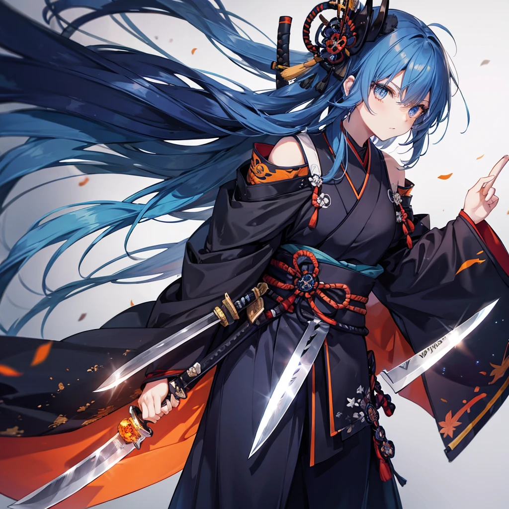 ((((knife))))　(((Blue Hair　Long hair　Amber eyes and black samurai costume　White band　Victory)))　((Black notes　night　Japanese style　Shoulder　old))　(moon　Star　autumn)　Shiny Edge　Shiny background
