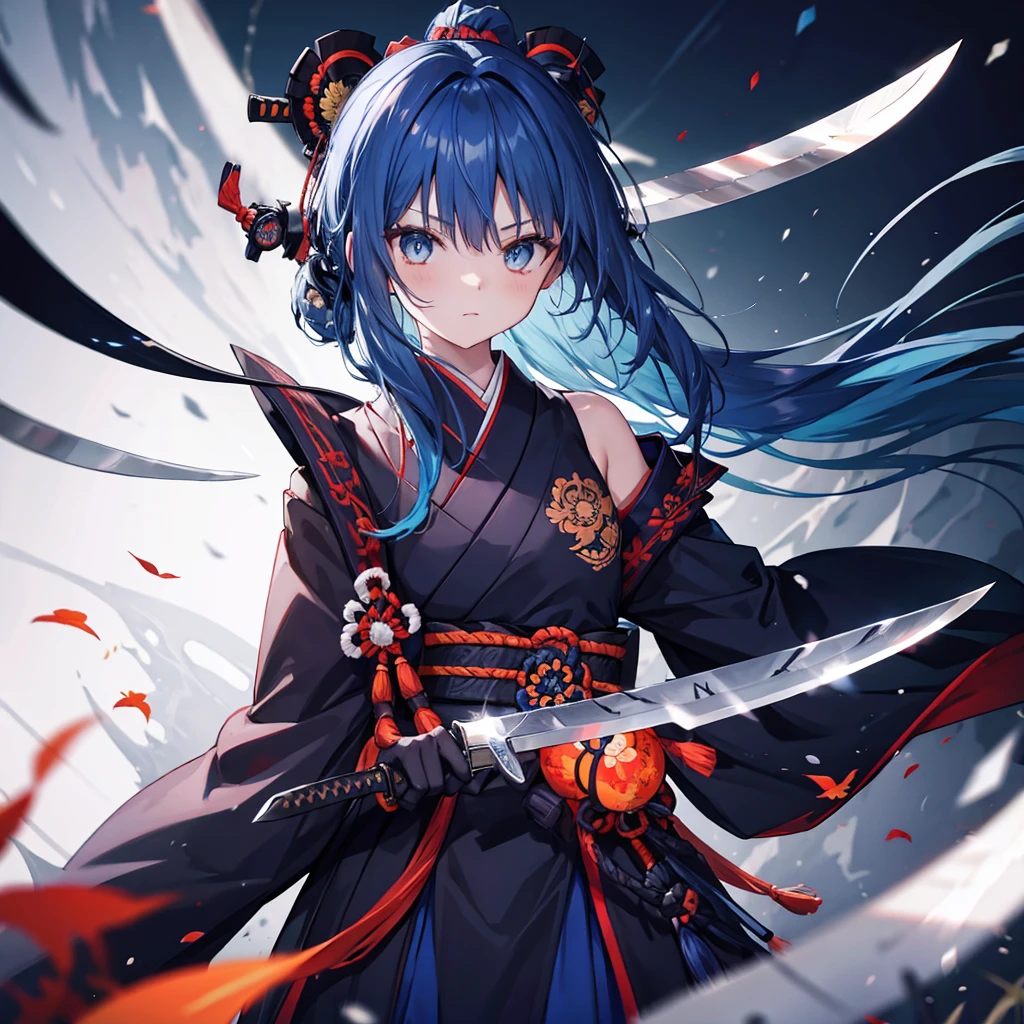 ((((knife)))) (((Blue Hair Long hair Amber eyes and black samurai costume White band Victory))) ((Black notes night Japanese style Shoulder old)) (moon Star autumn) Shiny Edge Shiny background