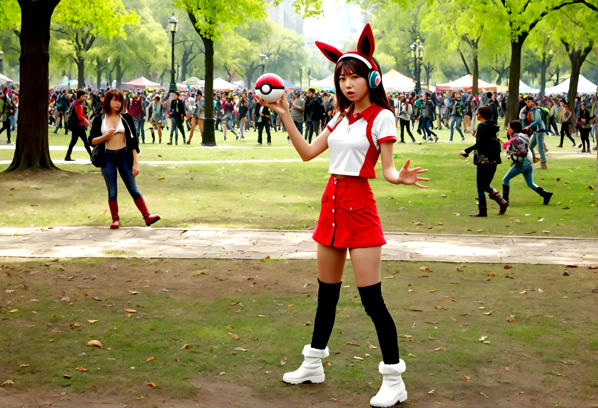 A determined cute woman pokemon trainer, tosses out her pokeball summoning a confused naked woman in pokemon boots and ears, crowded park in daytime