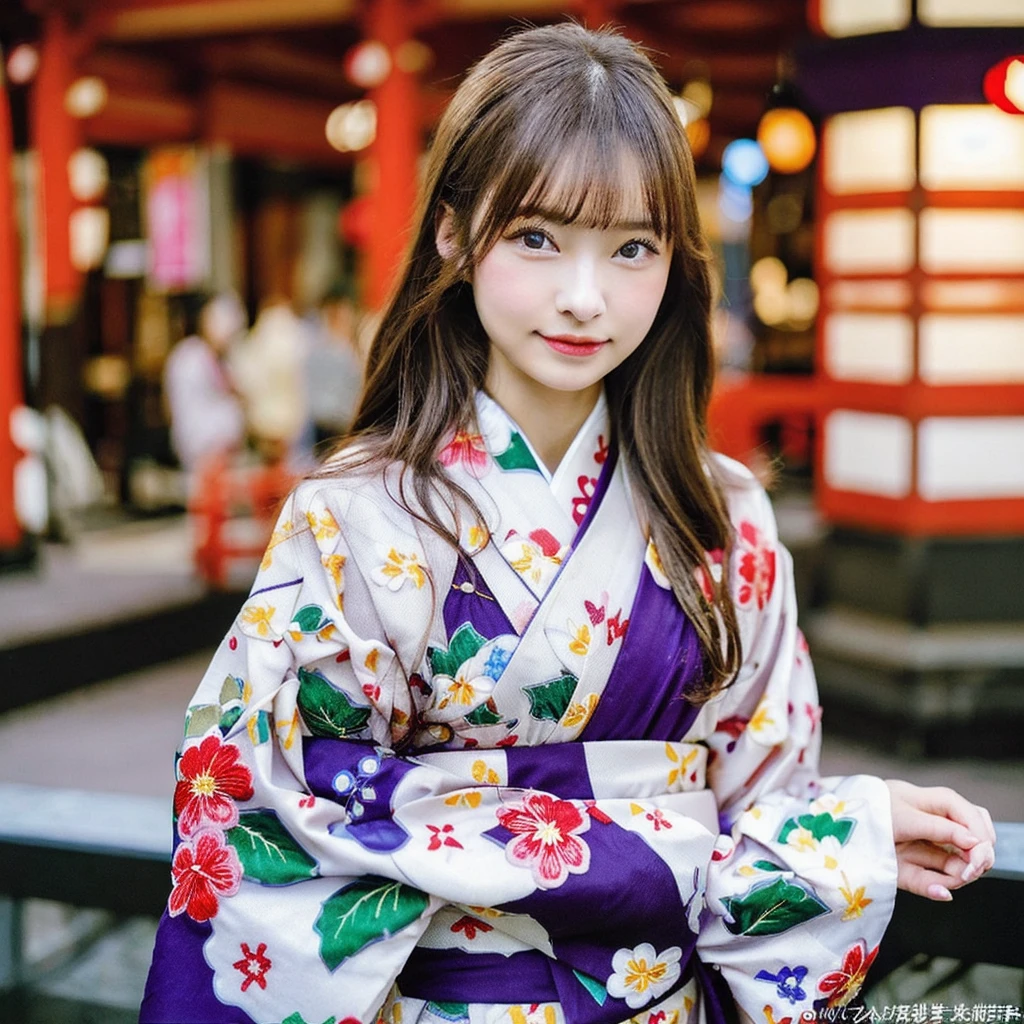 Cityscape、Japanese kimono with floral embroidery on deep purple fabric、Light brown hair、{Medium-long hair}、1 girl, Realistic Young Gravure Idol, Young Sensual Gravure Idol, Young and cute gravure idol, Japanese Model, Nara Yoshitomo, Young Gravure Idol, Real fleshy gravure idol, A sophisticated gravure idol, Japanese Goddess, Beautiful Asian Girl, 8K, Average Japan, Average Japan