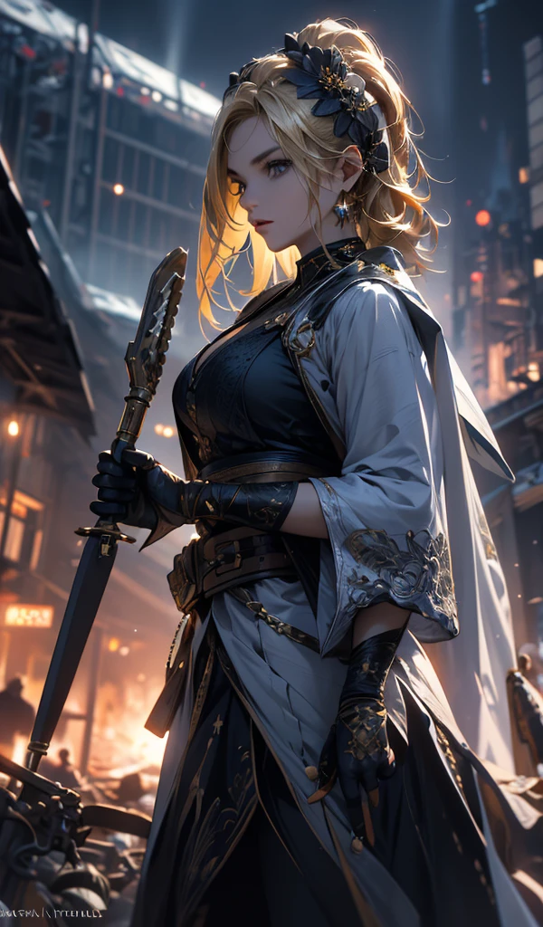 masterpiece, high quality, 4K, Beautiful design, silhouette,blonde, Highly detailed night starry sky,battlefield, wonderful, Finer details, Very knowledgeable woman, Highly detailed solo, 1 female,Big and aggressive,Wizard,Burning City,Crumbling buildings,