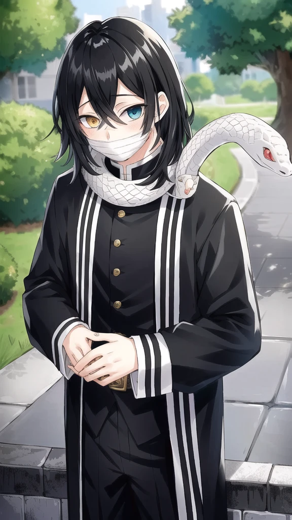 1boy, snake, heterochromia, black hair, male focus, snake, tree, yellow eyes, outdoors, blue eyes, japanese clothes, black pants, hair between eyes, wide sleeves, long sleeves, sky,  demon slayer uniform, striped jacket,  bangs, iguro obanai,  upper body, red eyes, cloudy sky,  long hair, anime screencap, anime coloring, standing, full body, 