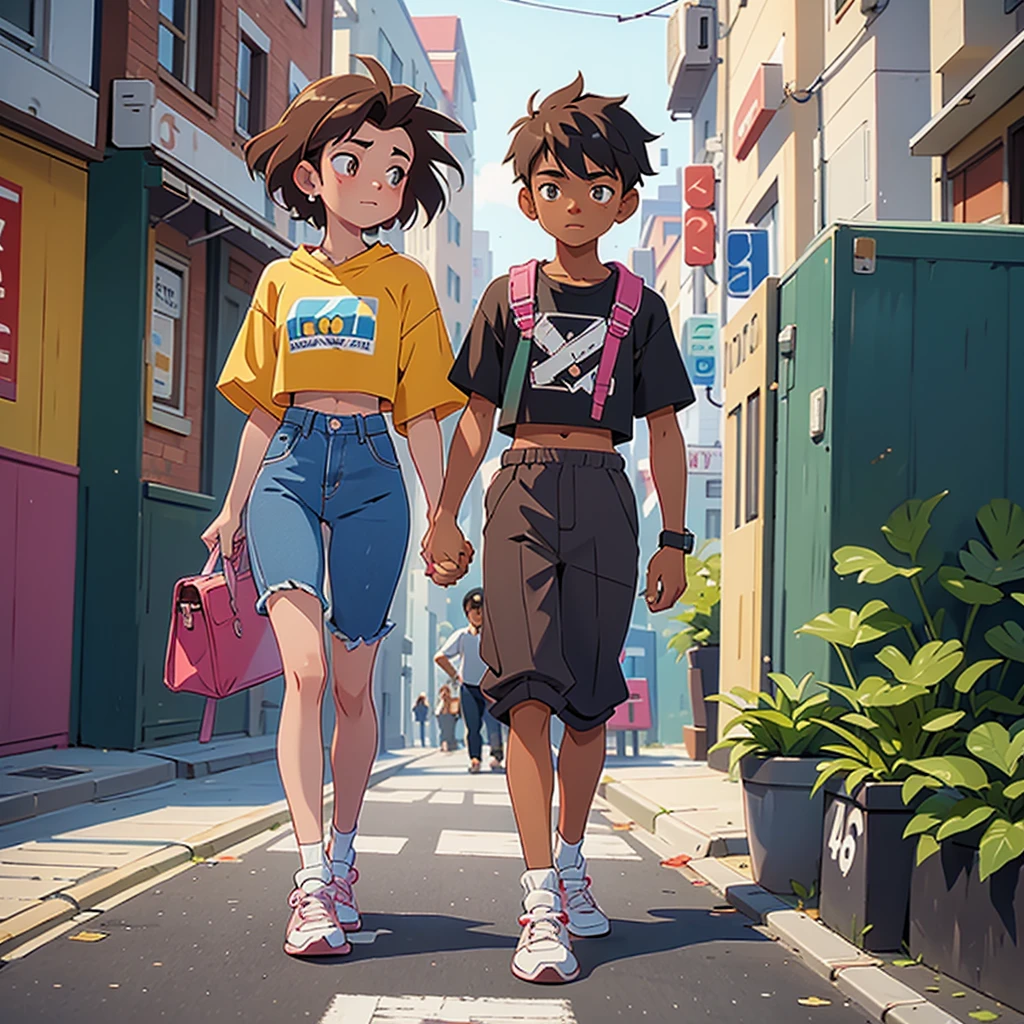 17 year old boy walking down the street holding hands with a 16 year old girl in a crop top