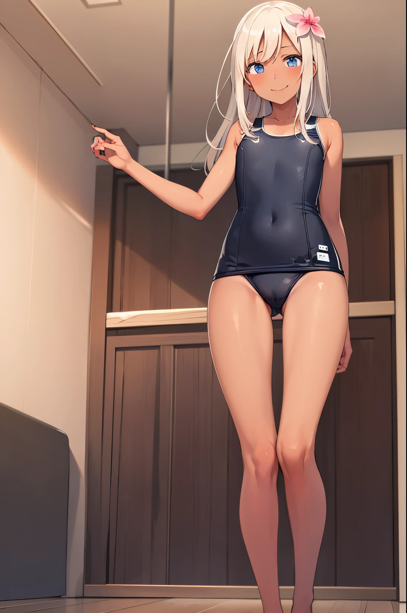 ((masterpiece,Highest quality)), Confused,
alone, 1 Girl, Looking at the audience, smile, RO500, Long Hair, Hair Flowers, Sunburn, Seraphim, Dark Skin,School Swimsuit