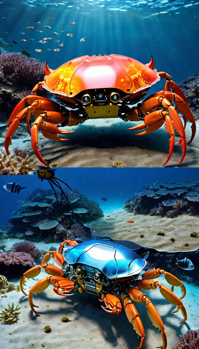 Being at the bottom of the ocean.AI Crabbot: A crab with a large claw as big as its body, while still maintaining a realistic appearance.、Partially transparent design allows you to see the internal mechanism。
A depiction of nanotechnology embedded within a robot&#39;s body。