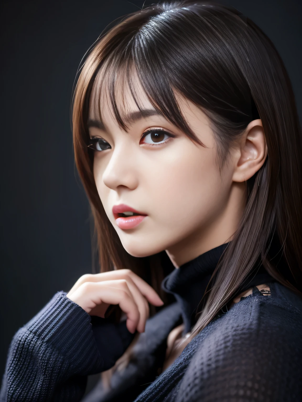 masterpiece, best quality, ultra-detailed, intricately detailed hyperdetailed, realistic, sharp features, highly detailed, sharp focus, (Japanese idol:1.3), 19 years old, perfect face, perfect and delicate gray eyes, perfect full lips, flexible female form, cinematic, hyper detailed, hyper realistic, high resolution, gloomy shadow, brown hair, messy hair, Black sweater, portrait, head shot, blue and purple lighting, ((Dark background)),