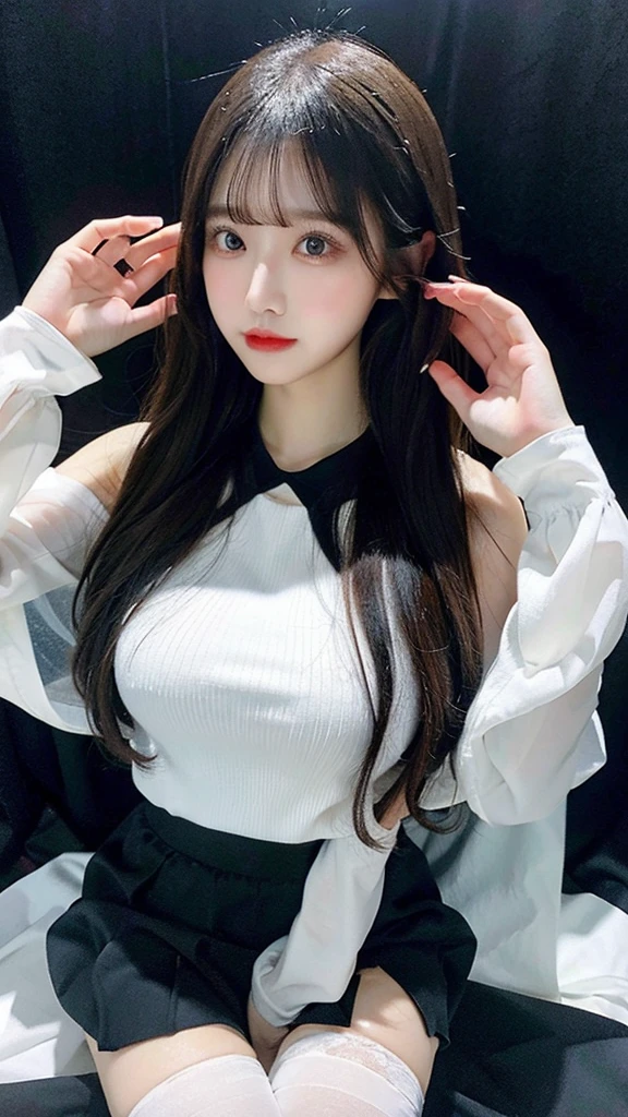 Beautiful body, Beautiful face, big breasts,  long hair, transparent white blouse, black skirt, Tights.